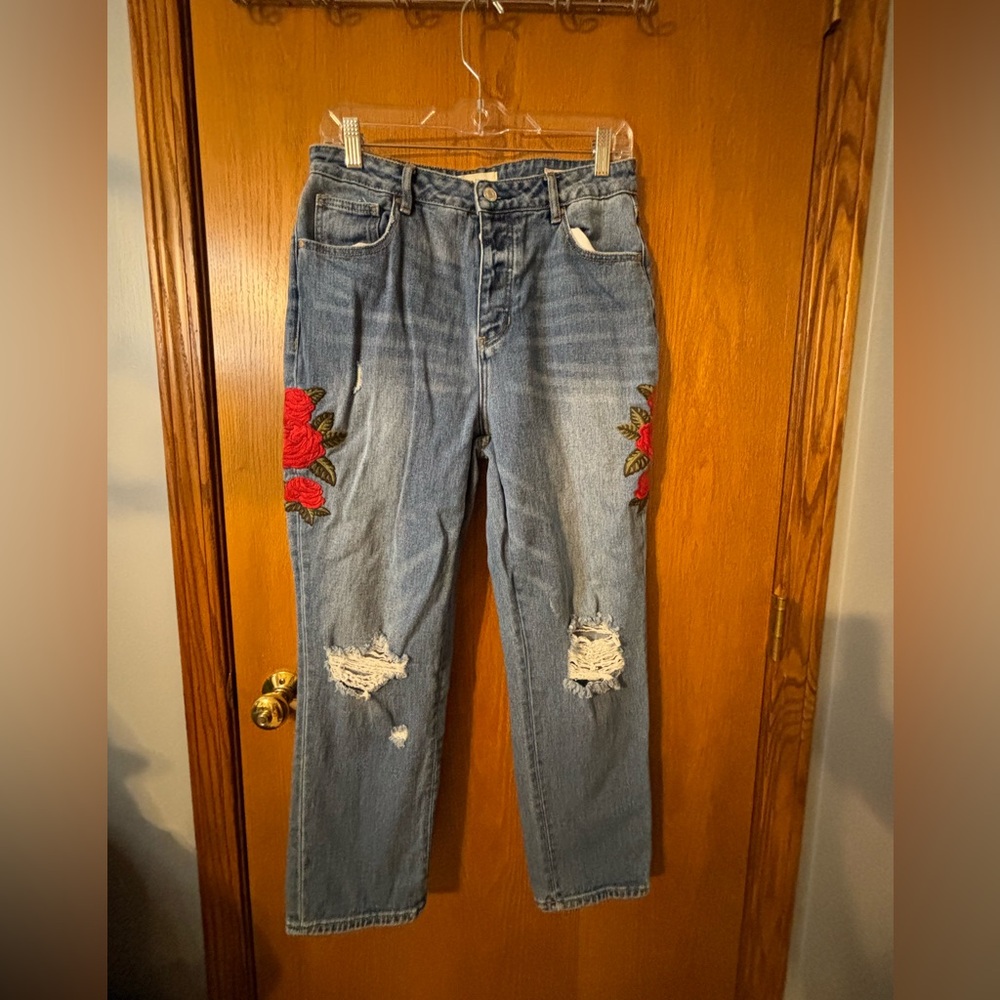 Pacsun Jeans Womens 29 Mom High Rise Rose Floral Embroidered Denim Button Fly